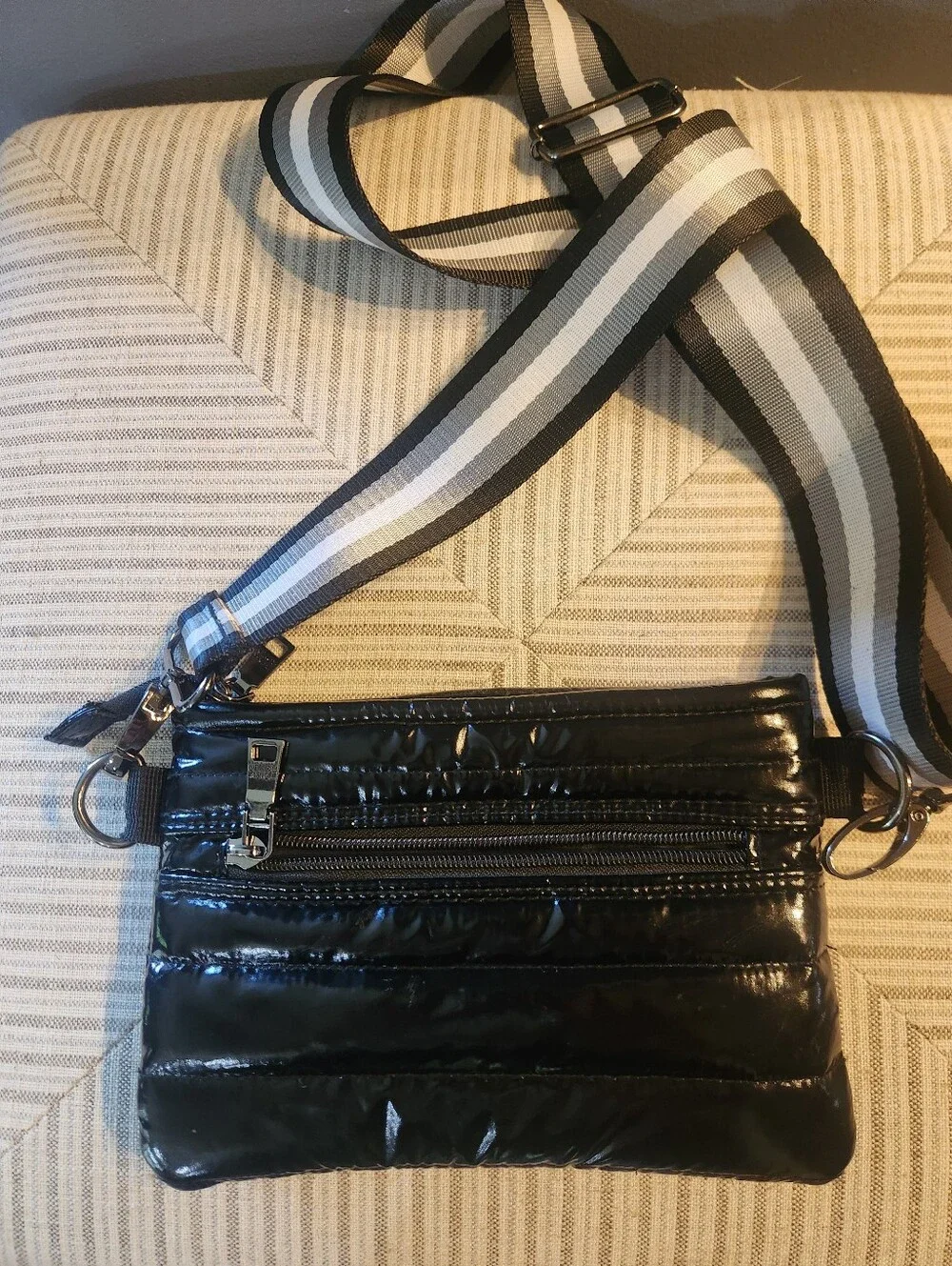 Black Quilted Crossbody Bag with Stripe Strap